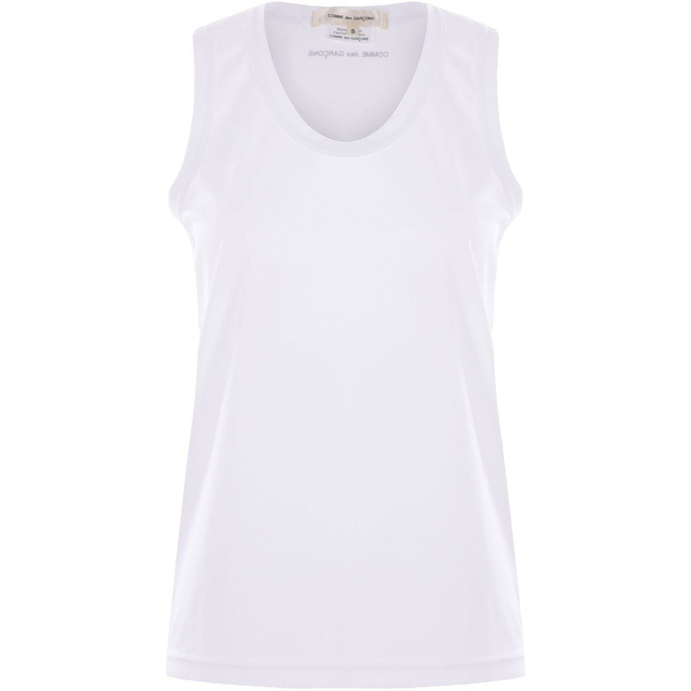 Comme des Garcons Top White scoop neck sleeveless tank with logo print on rear.