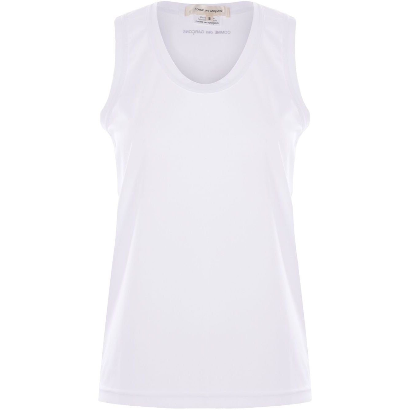 Comme des Garcons Top White scoop neck sleeveless tank with logo print on rear.