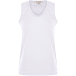 Comme des Garcons Top White scoop neck sleeveless tank with logo print on rear.