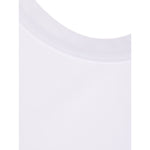 Close-up of Comme des Garcons Top White with scoop neck detailing and logo print on white jersey fabric.