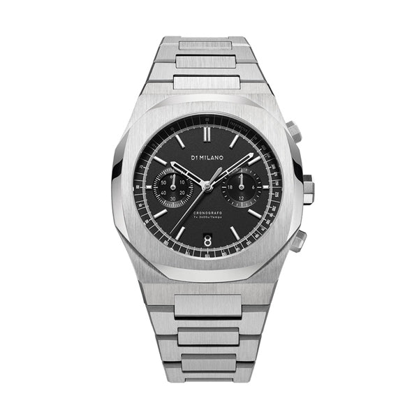 Alt Tag: D1 MILANO Mod. CHRONOGRAPH NEW BLACK - RE-STYLE EDITION stainless steel wristwatch with black dial and quartz movement