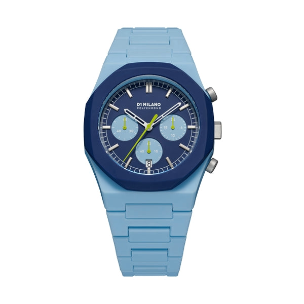 D1 MILANO Mod. POLYCHRONO BLUE BLAST wristwatch with blue dial and chronograph, 40.5 mm polycarbonate case, water resistant 5 ATM.