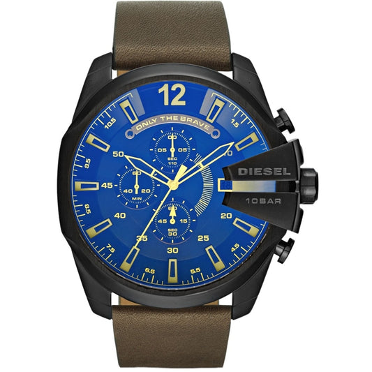 DIESEL Mod. DZ4401 wristwatch with 51mm SS IP black case, brown leather strap, blue dial, multifunction quartz movement, 10 ATM water resistance.