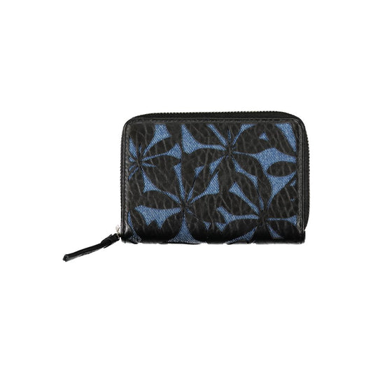 Desigual Black Polyethylene Wallet with contrasting details, zip closure, coin purse, and card compartments.
