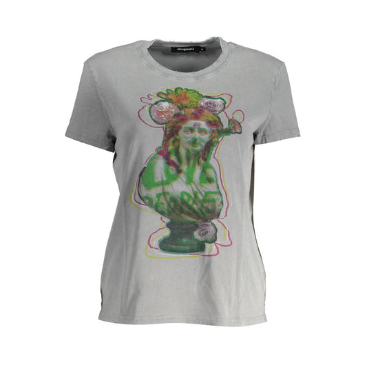 Desigual Gray Cotton Women T-Shirt with abstract print and logo, short sleeve, round neck, stylish and comfortable fashion item.