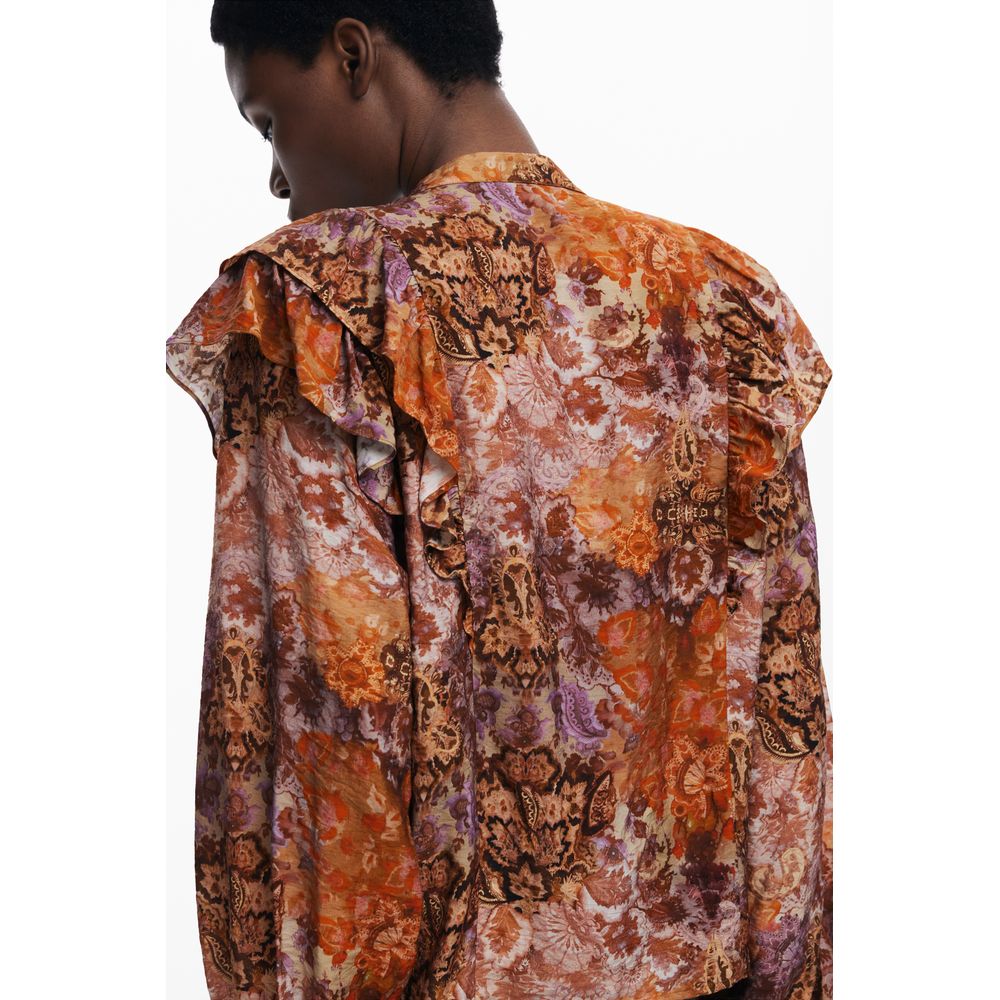 Desigual Orange Viscose Women Shirt with ruffled sleeves, vibrant floral pattern, and elegant silhouette, perfect for fashion-forward individuals.