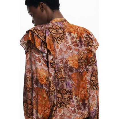 Desigual Orange Viscose Women Shirt with ruffled sleeves, vibrant floral pattern, and elegant silhouette, perfect for fashion-forward individuals.