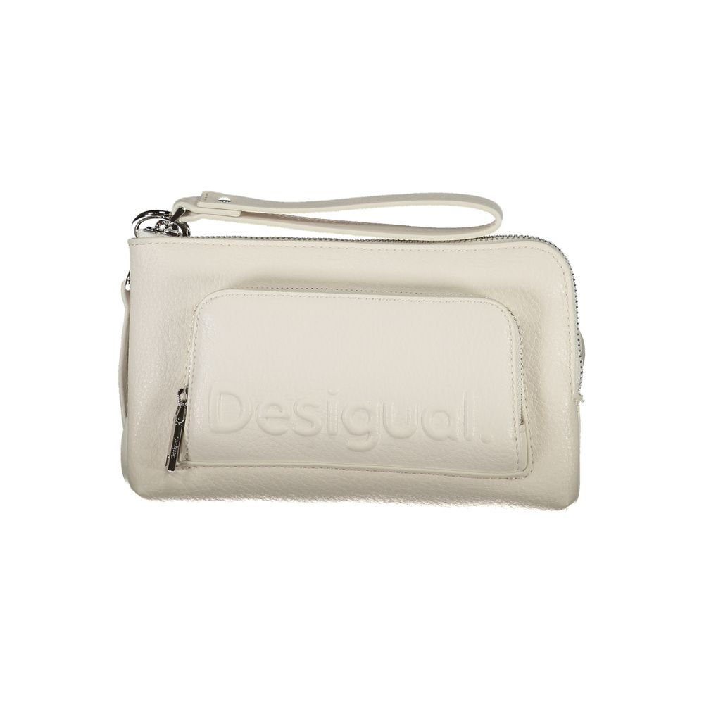Desigual White Polyethylene Handbag with floral pattern, removable chain handle, adjustable strap, contrast details, and logo.