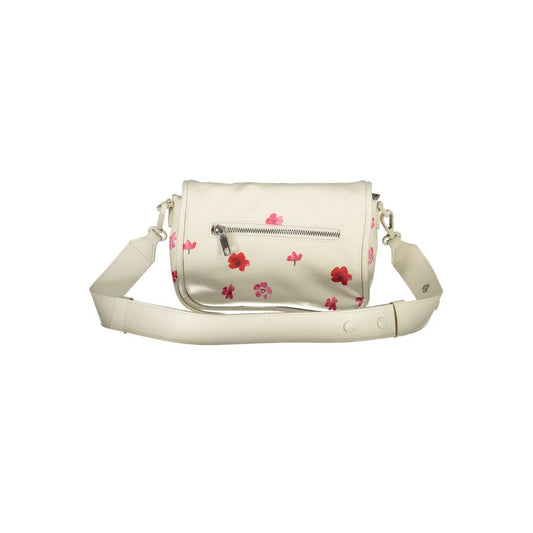 Desigual White Polyethylene Handbag with floral design, removable chain shoulder handle, adjustable strap, external and internal pockets