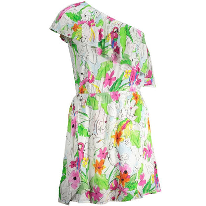 Desigual White Viscose Women Dress with floral print and unique one-shoulder design, embodying modern femininity and elegance.