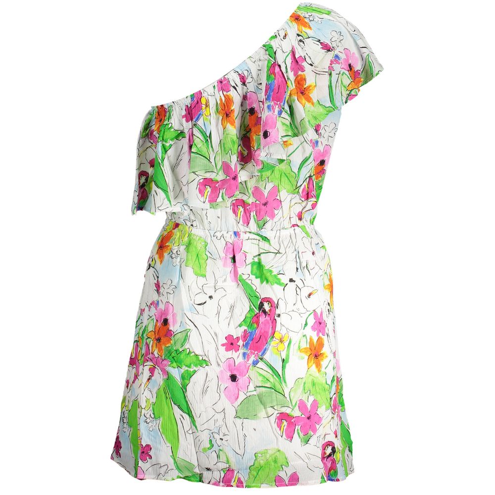 Desigual White Viscose Women Dress with floral print and one-shoulder design, showcasing bold femininity and modern style.
