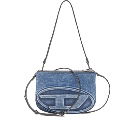Diesel 1DR Twin denim shoulder bag with embossed logo, light blue with two zip-fastening compartments and adjustable strap.