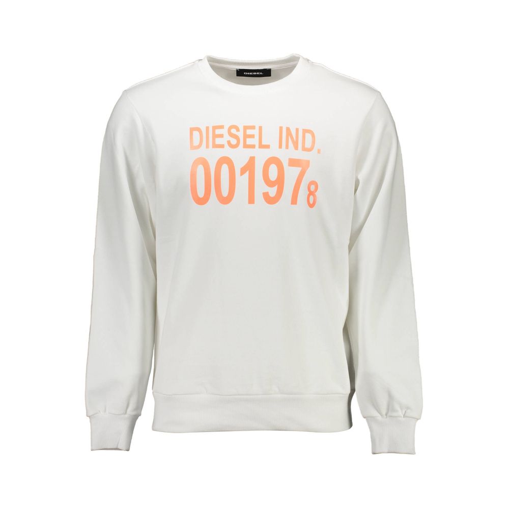 Diesel White Cotton Men Sweater with orange print and logo, crew neck, long sleeves, premium cotton, urban style sweatshirt.