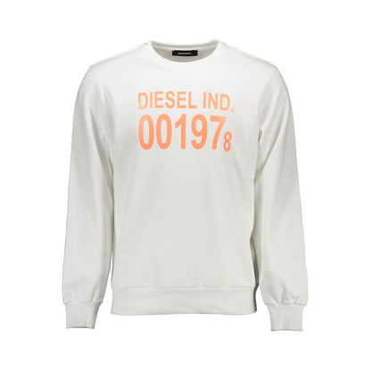 Diesel White Cotton Men Sweater with orange print and logo, crew neck, long sleeves, premium cotton, urban style sweatshirt.