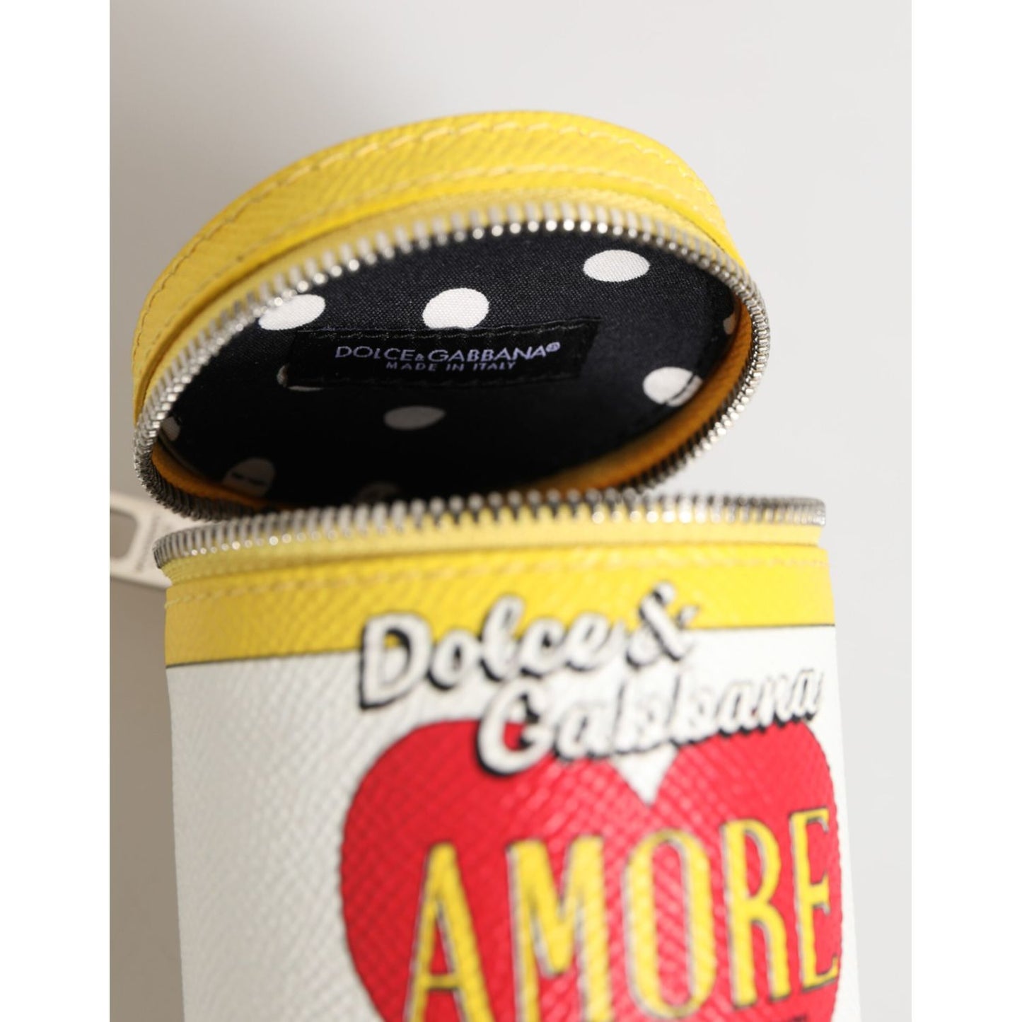 Dolce & Gabbana Amore Leather Yellow Bag Charm Coin Case Keychain Keyring with heart print and polka dot interior.