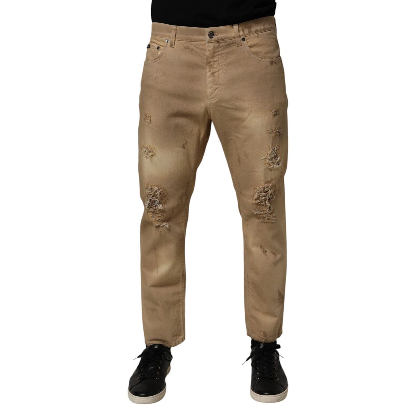Dolce & Gabbana Beige Cotton Loose Tattered Men Denim Jeans with distressed detailing, ideal for a casual, modern look.
