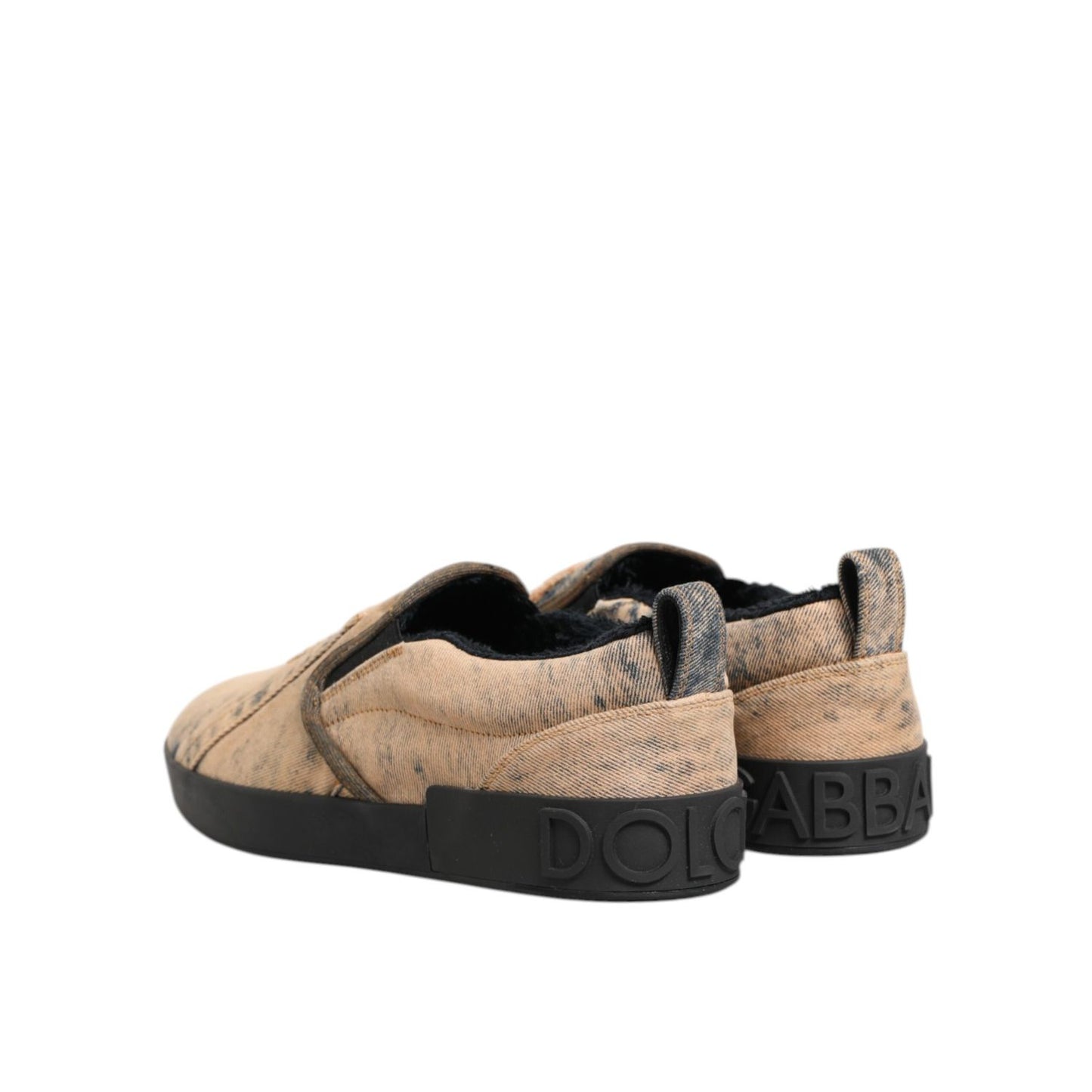 Back view of Dolce & Gabbana Beige Cotton Low Top Slip On Sneakers Shoes with black rubber sole and logo detail.