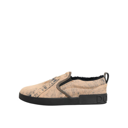 Dolce & Gabbana Beige Cotton Low Top Slip On Sneakers Shoes with rubber sole and designer flair, ideal for everyday style.