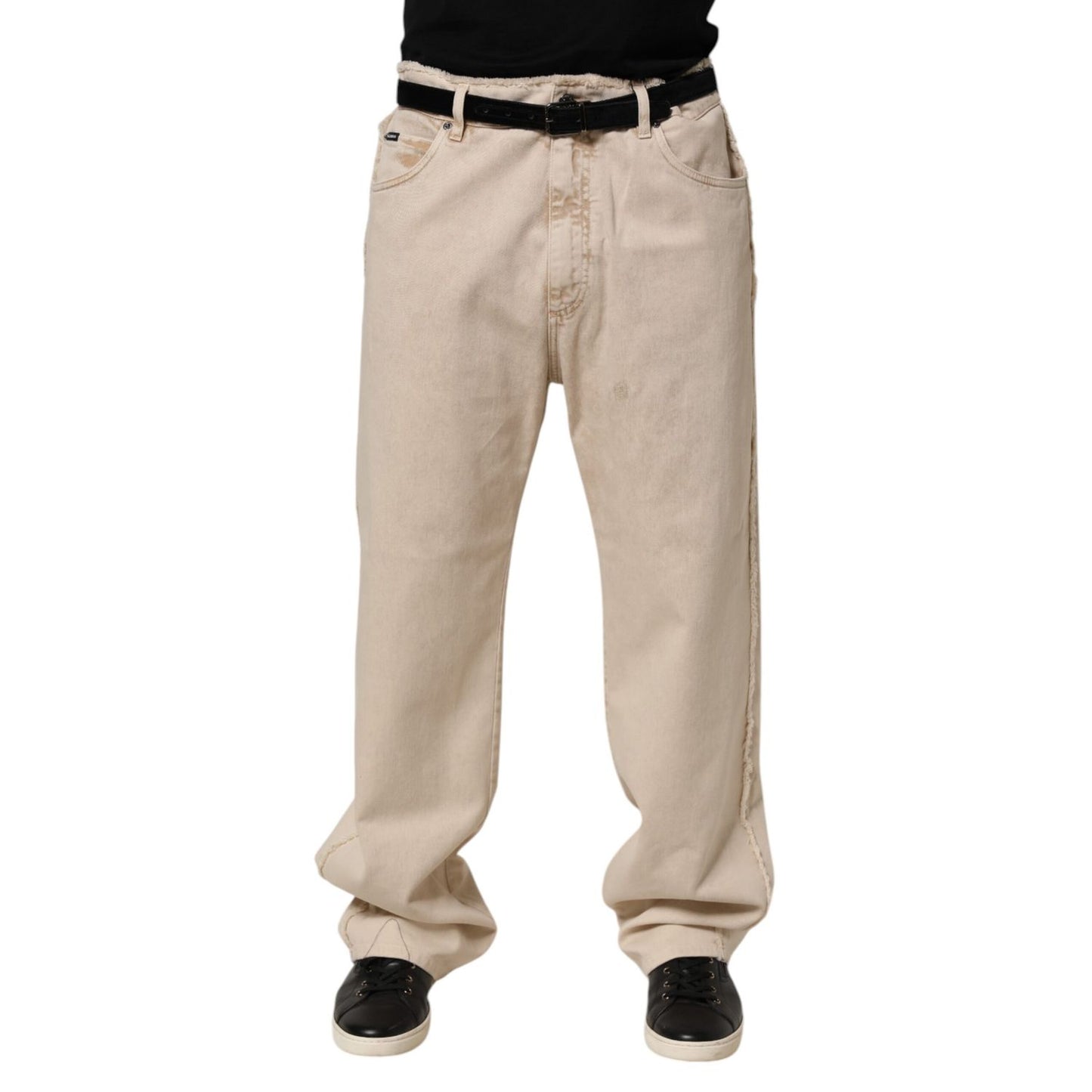 Dolce & Gabbana Beige Cotton Straight Denim Trouser Jeans with five-pocket styling, offering a stylish and versatile fit.