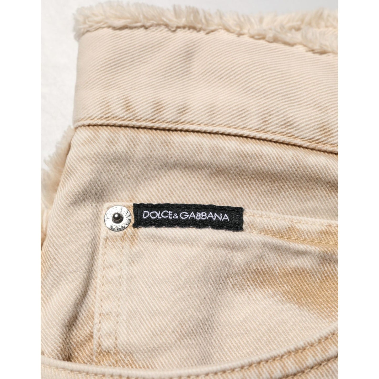 Dolce & Gabbana Beige Cotton Straight Denim Trouser Jeans close-up showing designer label
