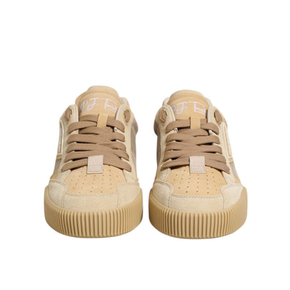 Dolce & Gabbana Beige Leather Miami Low Top Sneakers Men Shoes with lace-up closure and rubber sole, stylish and sophisticated.