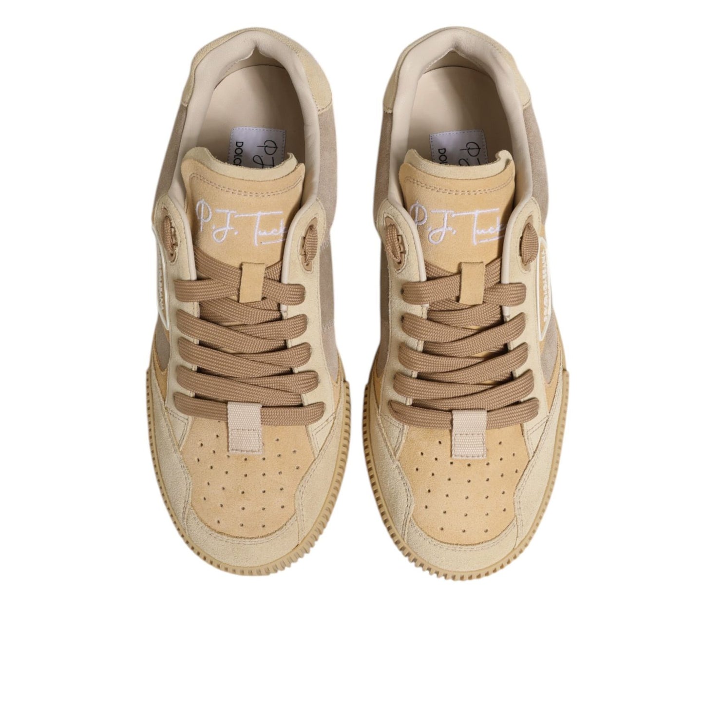Dolce & Gabbana Beige Leather Miami Low Top Sneakers Men Shoes, stylish footwear in smooth beige leather with lace-up design and rubber sole.