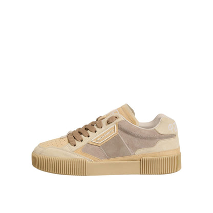Dolce & Gabbana Beige Leather Miami Low Top Sneakers Men Shoes, classic low-top in smooth beige leather with rubber sole and lace-up closure.