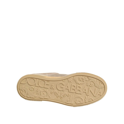 Sole view of Dolce & Gabbana Beige Leather Miami Low Top Sneakers Men Shoes, featuring embossed logo and intricate design.