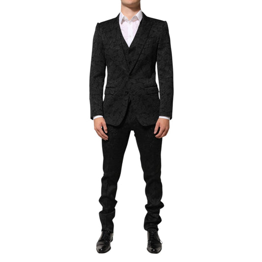 Dolce & Gabbana Black 3 Piece Brocade Jacquard Suit MARTINI with floral pattern, featuring a blazer, waistcoat, and trousers.