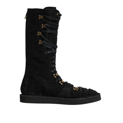 Dolce & Gabbana Black Alpaca Wool Suede Mid Calf Boots Shoes with laces and sleek design, perfect for elegant cold-weather style.