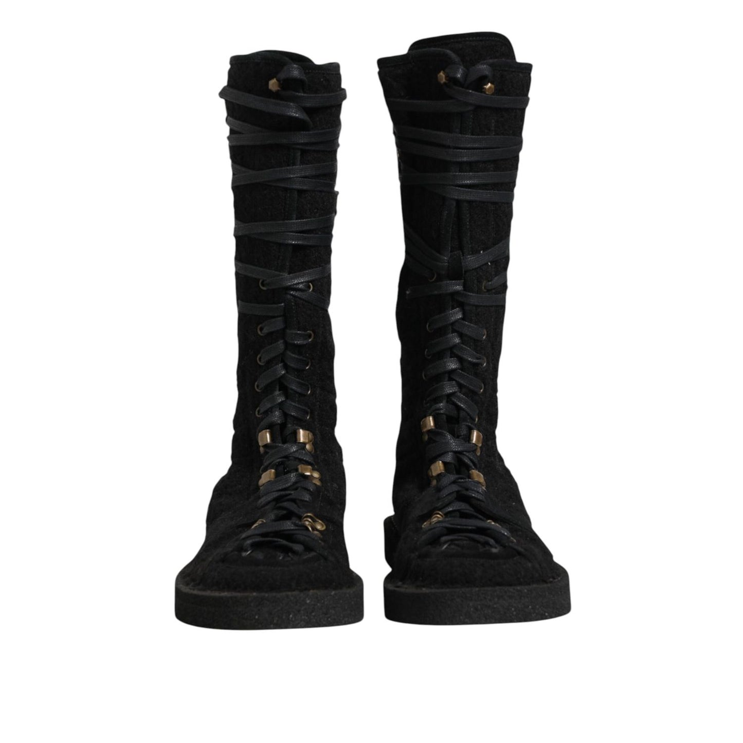 Dolce & Gabbana Black Alpaca Wool Suede Mid Calf Boots Shoes front view, featuring premium materials with sleek, elegant design.
