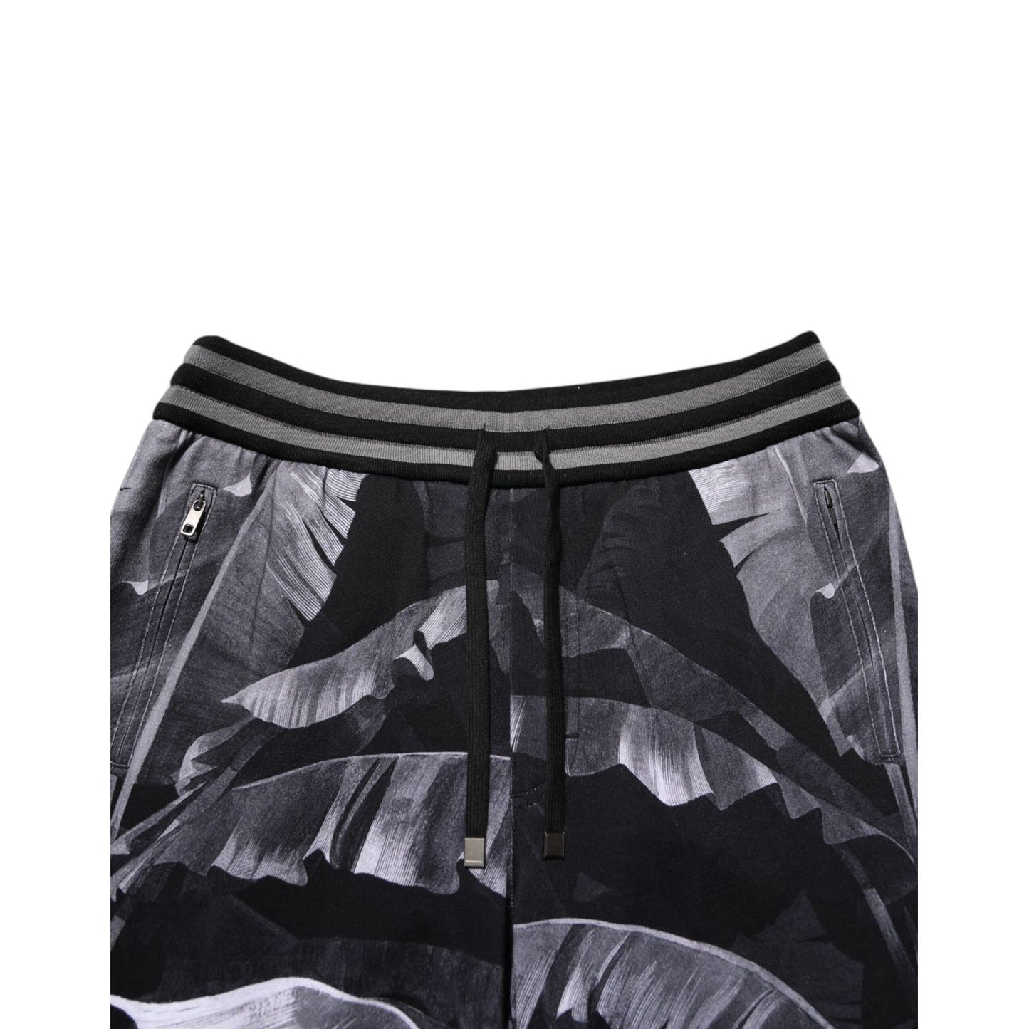Dolce & Gabbana Black Banana Leaf Cotton Jogger Trouser Pants with elastic waistband and drawstring, crafted from soft cotton.