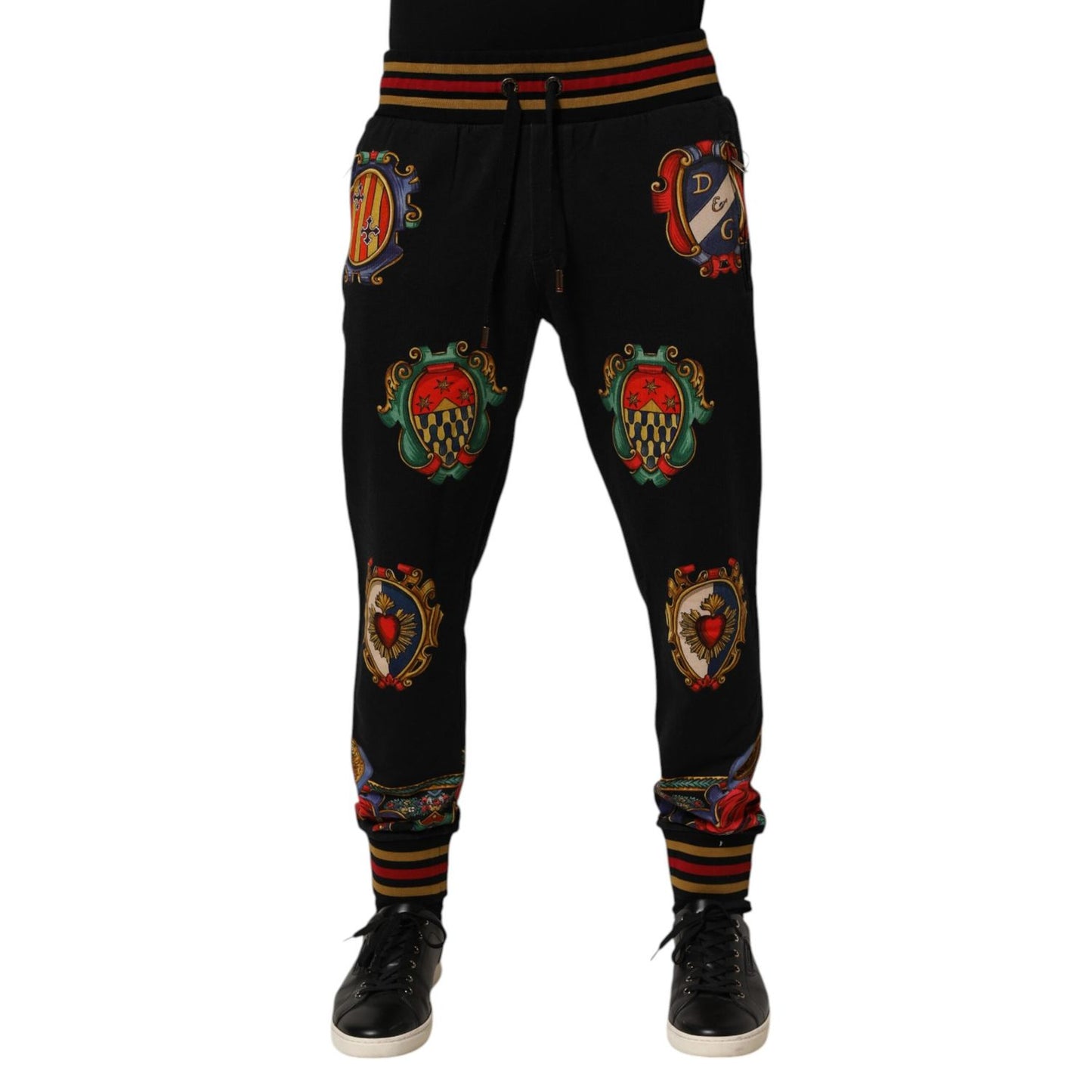 Dolce & Gabbana Black Baroque Crest Logo Men Trackpants Pants with embroidered design and tapered fit