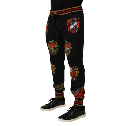Dolce & Gabbana Black Baroque Crest Logo Men Trackpants Pants with embroidered crest and ribbed cuffs.