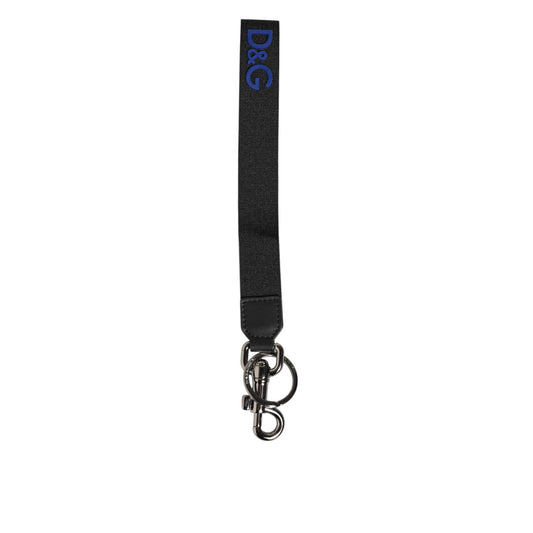 Dolce & Gabbana Black Blue DG Logo Polyester Brass Holder Keychain Keyring with silver detailing on white background.