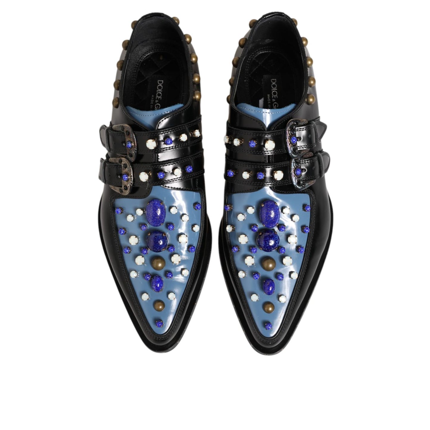 Dolce & Gabbana Black Blue Embellished MONKSTRAP Dress Shoes with elegant embellishments on polished leather