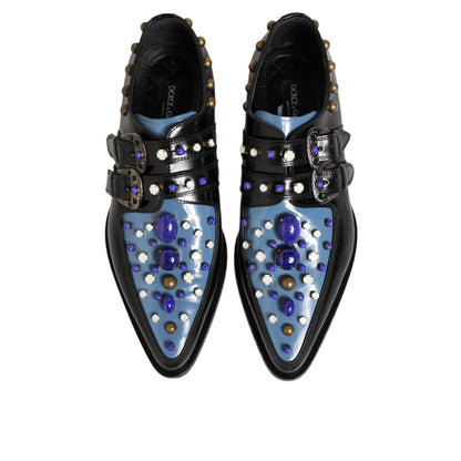 Dolce & Gabbana Black Blue Embellished MONKSTRAP Dress Shoes with elegant embellishments on polished leather