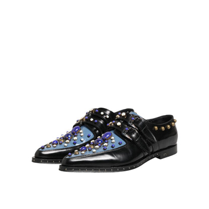 Dolce & Gabbana Black Blue Embellished MONKSTRAP Dress Shoes with elegant embellishments, perfect for formal occasions.