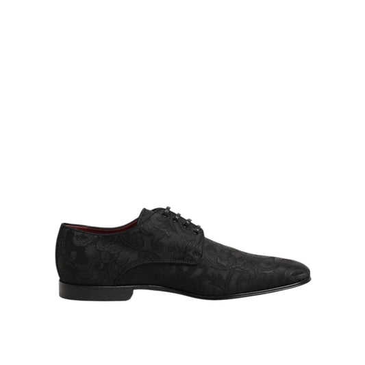 Dolce & Gabbana Black Brocade Lace Up Derby Men Dress Shoes with floral pattern and lace-up design, side view.