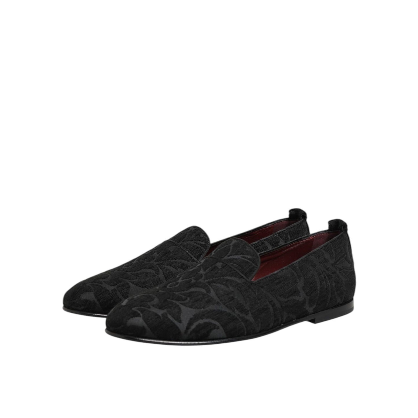 Dolce & Gabbana Black Brocade Loafers Slip On Men Dress Shoes, luxurious fabric design, perfect for formal occasions and elegant style.