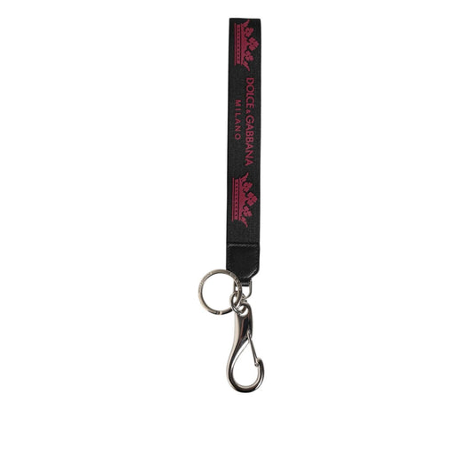 Dolce & Gabbana Black Burgundy Nylon DG Logo Crown Holder Keychain Keyring with silver-tone hardware.