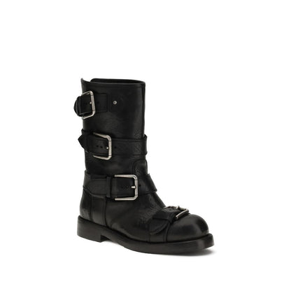 Dolce & Gabbana Black Calf Leather Bos Taurus Lace-Up Boots with buckles on white background