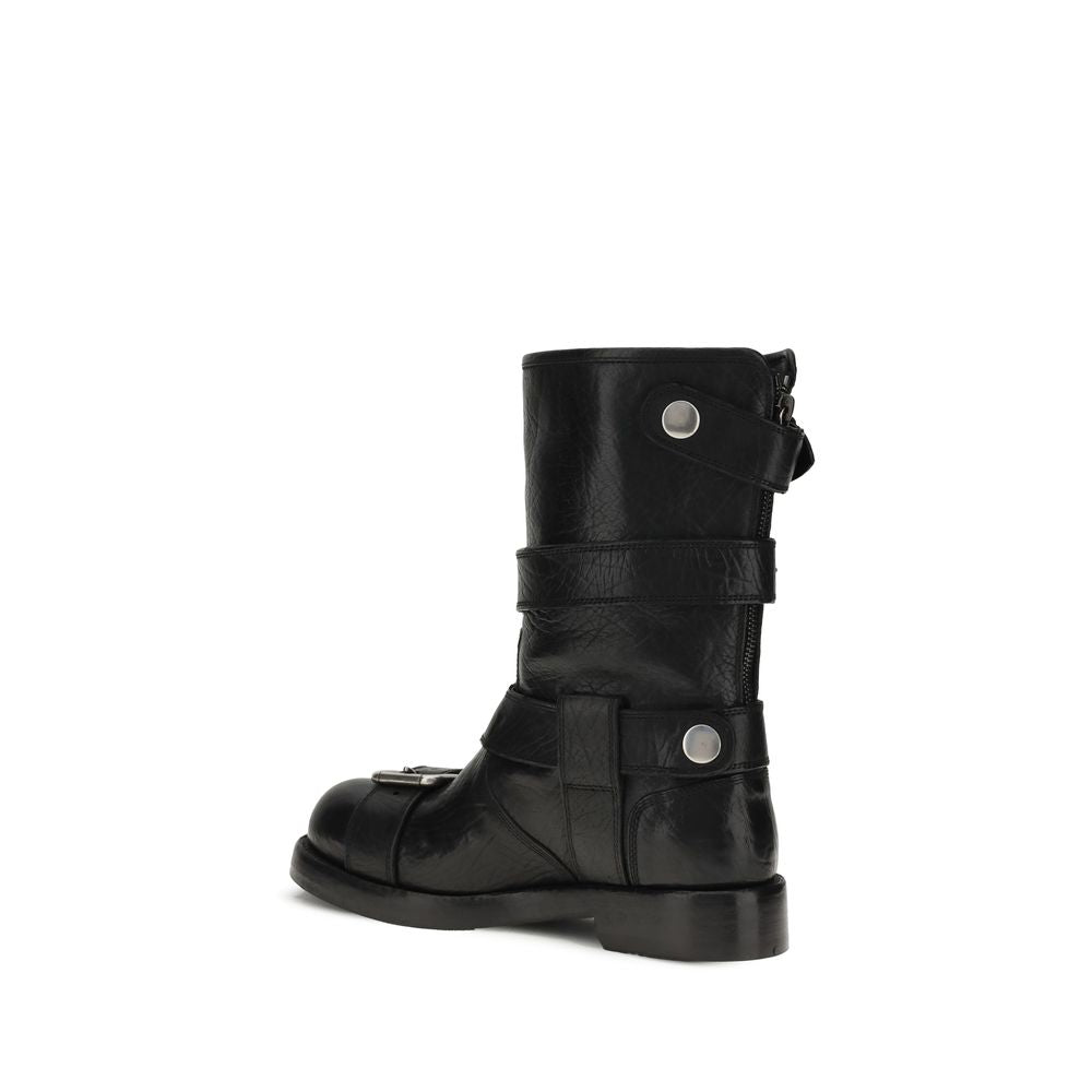 Dolce & Gabbana Black Calf Leather Bos Taurus Lace-Up Boots side view with buckled design and branded leather heel.