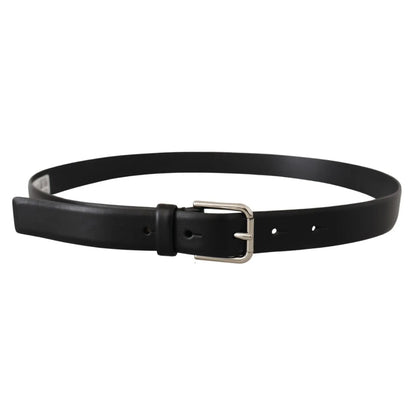 Dolce & Gabbana Black Calf Leather Silver Tone Logo Buckle Belt