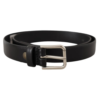 Dolce & Gabbana Black Calf Leather Silver Tone Logo Buckle Belt