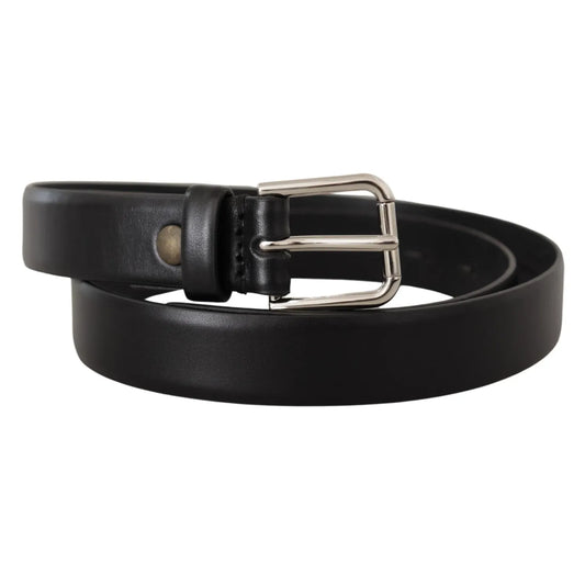Dolce & Gabbana Black Calf Leather Silver Tone Logo Buckle Belt, made in Italy, featuring high-quality leather and metal buckle closure.