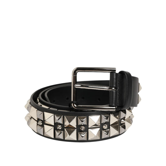Dolce & Gabbana Black Calf Leather Studded Silver Buckle Belt