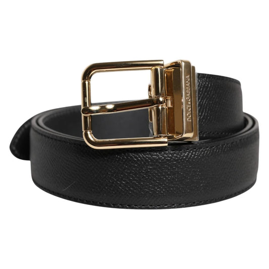 Dolce & Gabbana Black Calfskin Leather Gold Metal Buckle Belt with engraved logo, high-quality Italian craftsmanship.