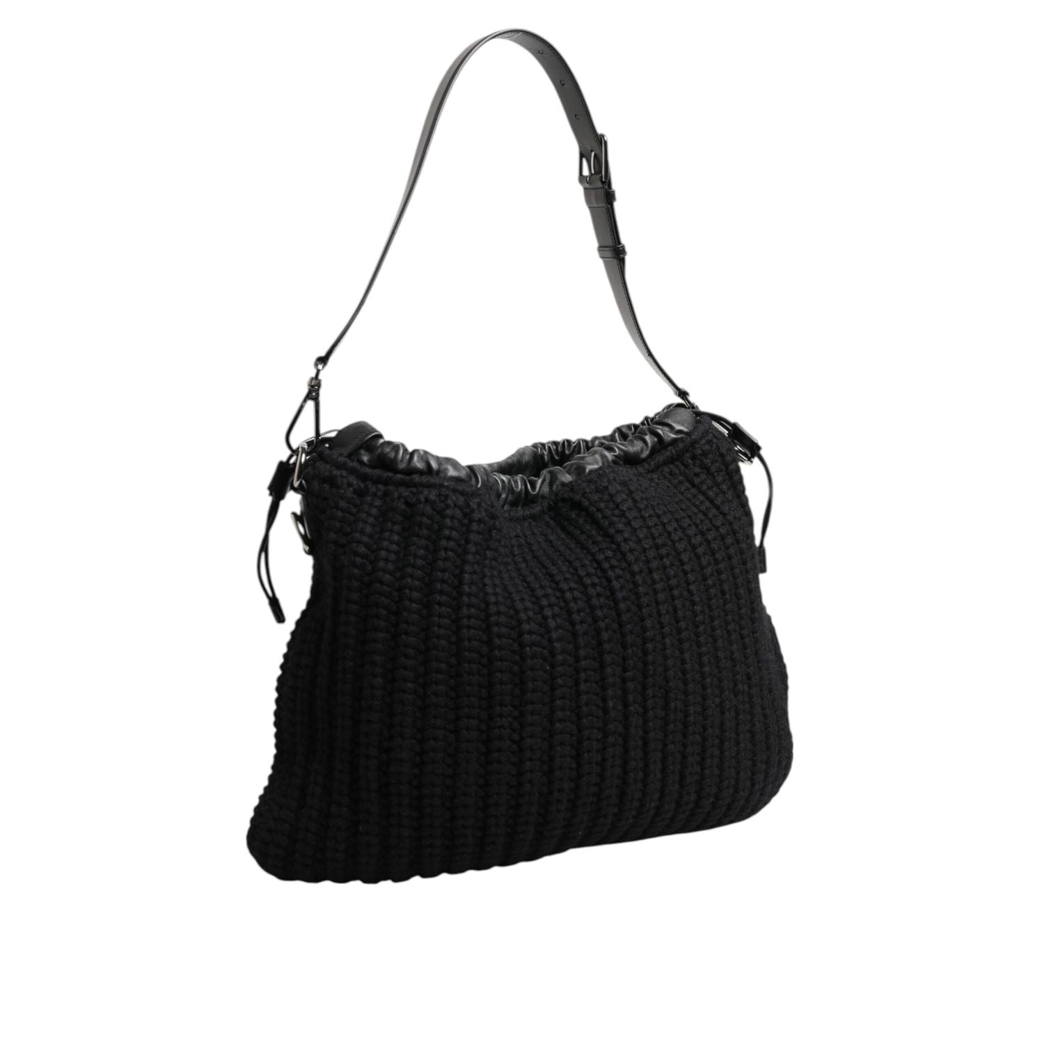 Dolce & Gabbana Black Cashmere Knitted Leather Shoulder Women Borse Bag