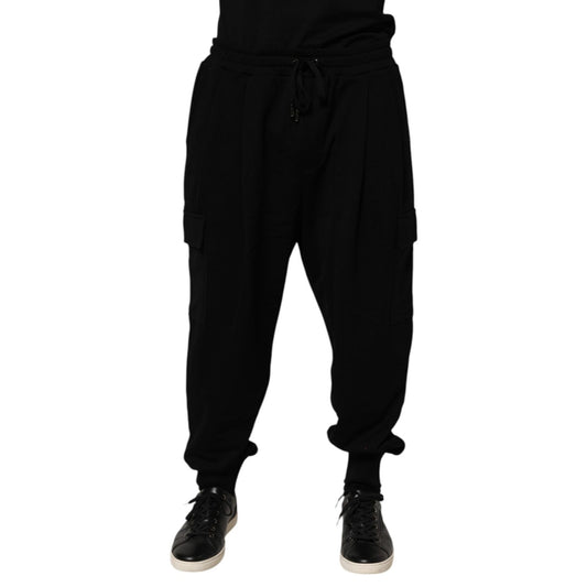 Dolce & Gabbana Black Cotton Blend Cargo Joggers Drawstring Pants with elastic waistband and side flap pockets.